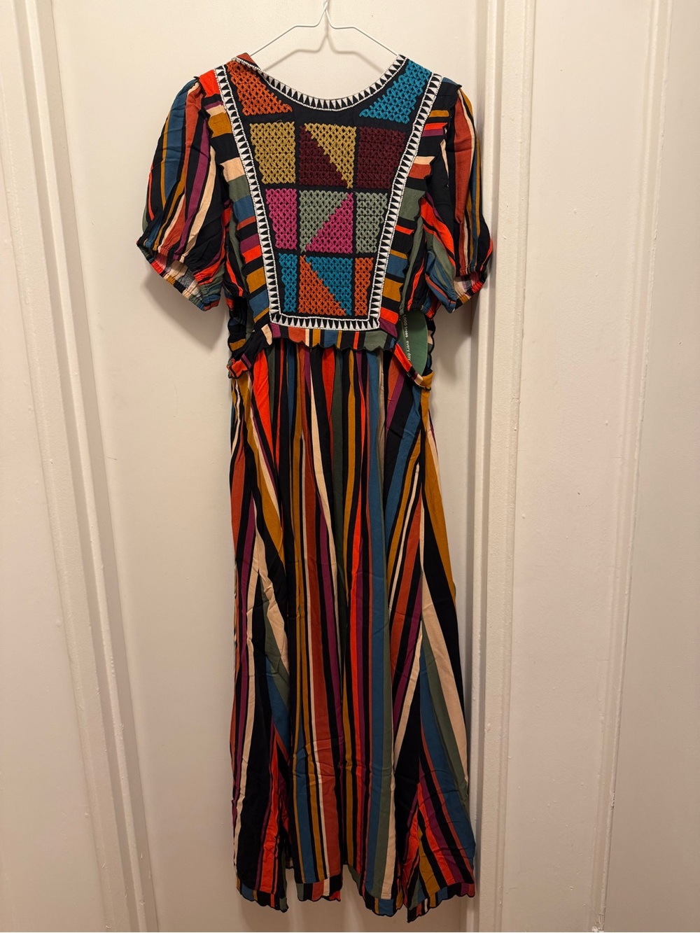 FARM Rio Multicolor Striped Maxi Dress with Embroidered Bib
